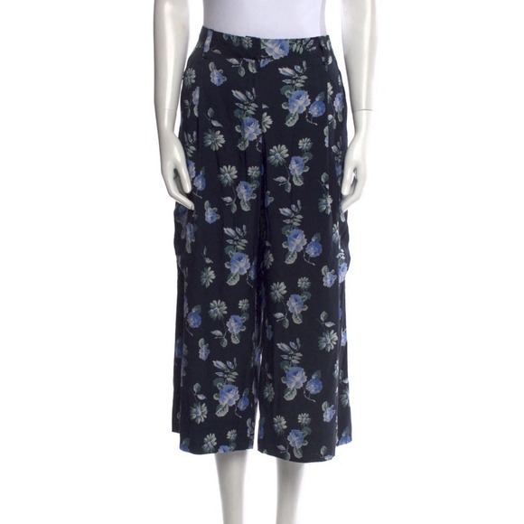 Becken Pants - Becken Navy Floral Pleated 6 Silk Pants Wide Legged Cropped Pants Coastal Gaucho